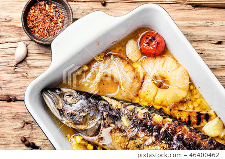 Baked fish with pineapple Baked fish with pineapple 46400462