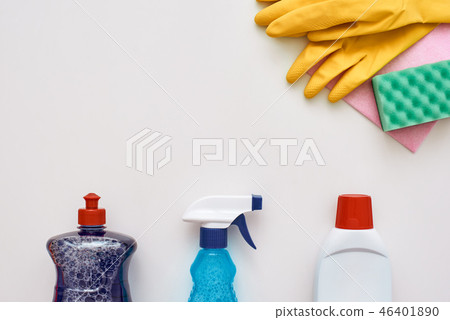 Stay clean. Cleaning gloves, sponges and other cleaning tools isolated. 46401890