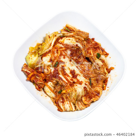 above view of kimchi in white bowl isolated above view of kimchi in white bowl isolated 46402184