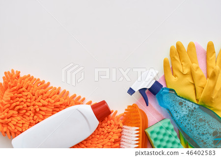 Cleaning tools. Spray bottle and other items isolated 46402583