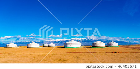 Panoramic view of mongolian ger on a large steppe 46403671