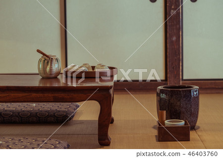 Japanese Style Material Desk And Tea Container Stock Photo