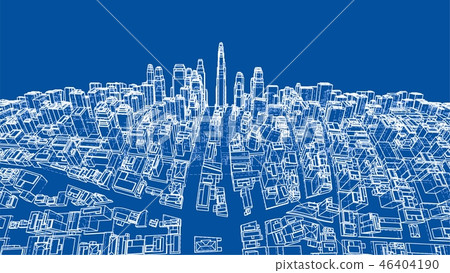 Wire-frame Twisted City, Blueprint Style. Vector 46404190