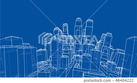 Wire-frame Twisted City, Blueprint Style. Vector 46404222