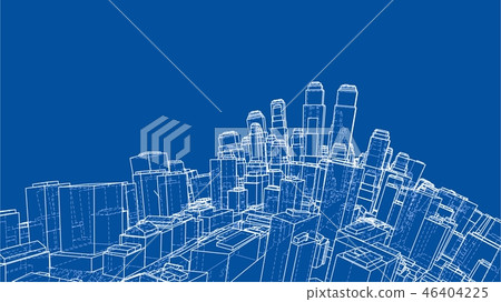 Wire-frame Twisted City, Blueprint Style. Vector 46404225