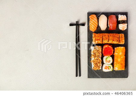 Flat-lay of sushi set, space for text Flat-lay of sushi set, space for text 46406365