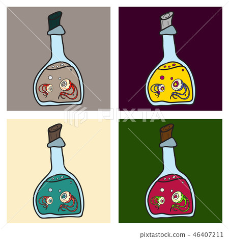 toxic potion in small glass bottle with cork and paper tag with Halloween isolated cartoon flat toxic potion in small glass bottle with cork and paper tag with Halloween isolated cartoon flat 46407211