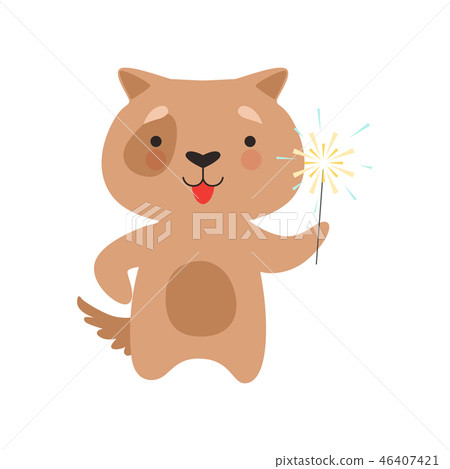 Cute dog with a party sparkler, lovely cartoon animal character, design template can be used for New 46407421