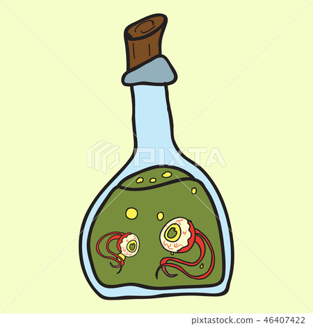 toxic potion in small glass bottle with cork and paper tag with Halloween isolated cartoon flat 46407422