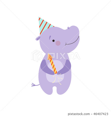 Cute hippo with a party popper, lovely cartoon animal character, design template can be used for New 46407423