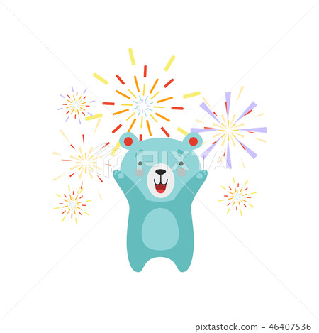 Cute bear celebrating with fireworks, lovely cartoon animal character, design template can be used Cute bear celebrating with fireworks, lovely cartoon animal character, design template can be used 46407536