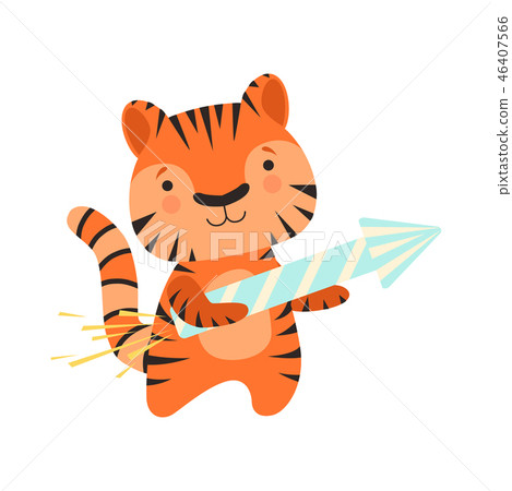 Tiger with a party popper, cute cartoon animal character, design template can be used for New Year Tiger with a party popper, cute cartoon animal character, design template can be used for New Year 46407566