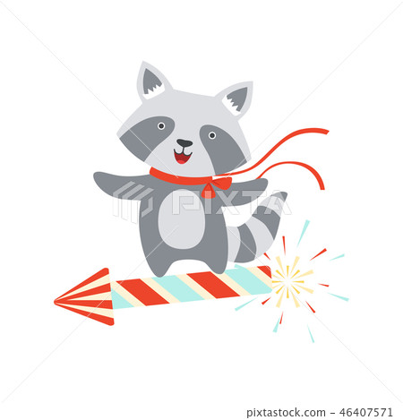 Raccoon flying on a party popper, cute cartoon animal character, design template can be used for New Raccoon flying on a party popper, cute cartoon animal character, design template can be used for New 46407571