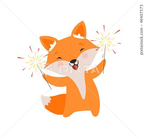 Cute fox celebrating with sparklers, lovely cartoon animal character, design template can be used Cute fox celebrating with sparklers, lovely cartoon animal character, design template can be used 46407573