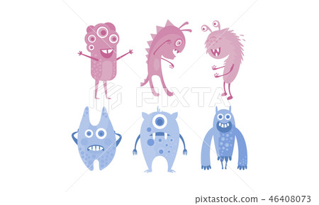 Colection of cute monsters, blue and purple funny alien character vector Illustration 46408073