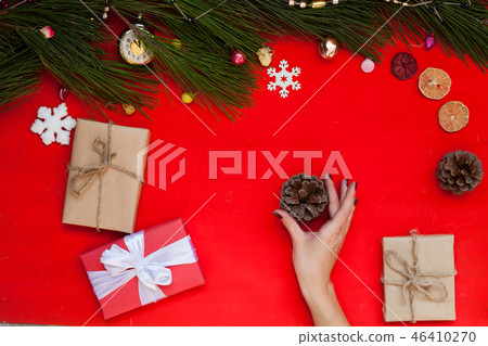 women's hands Christmas background new year tree decoration winter holiday decor gifts 46410270