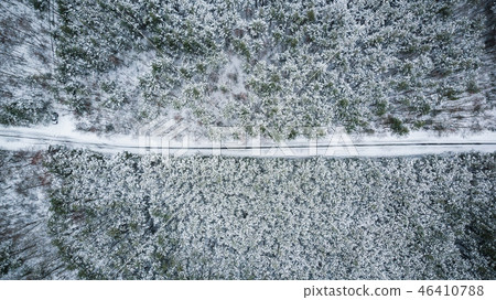 Winter season aerial top down view of a road Winter season aerial top down view of a road 46410788