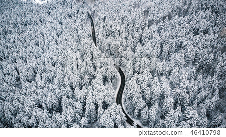 Curvy road line in winter scenery, aerial view Curvy road line in winter scenery, aerial view 46410798