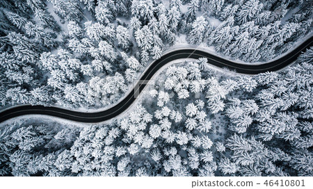 Curvy windy road in snow covered forest, top down  46410801