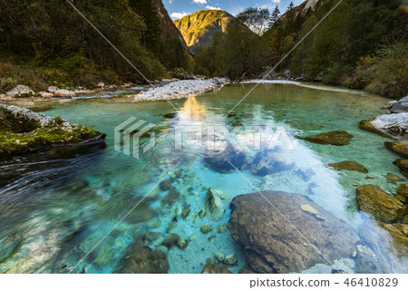 Clear green water of Soca river in Slovenia Clear green water of Soca river in Slovenia 46410829