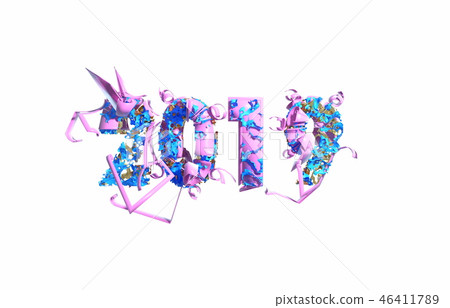 Happy New Year Banner with 2019 trendy pink color Numbers made by plastic and organic matterwhite Happy New Year Banner with 2019 trendy pink color Numbers made by plastic and organic matterwhite 46411789
