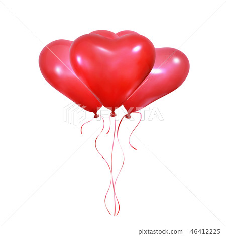Valentine's Day heart balloons. Set of realistic helium balloons of heart shape and ribbons Valentine's Day heart balloons. Set of realistic helium balloons of heart shape and ribbons 46412225