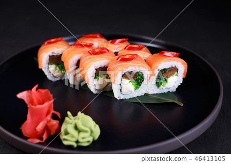 sushi with tamago omelet, chuka and cream cheese 46413105