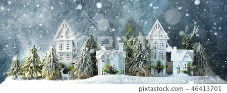 Frosty winter long banner wonderland forest with snowfall, houses and trees. Christmas greetings Frosty winter long banner wonderland forest with snowfall, houses and trees. Christmas greetings 46413701