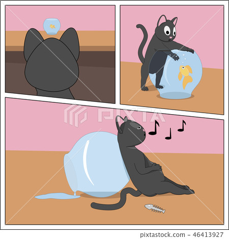 Adventure of a gray cat and a goldfish.  46413927