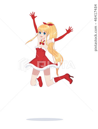 Joyful anime manga girl as Santa Claus in a jump 46417484