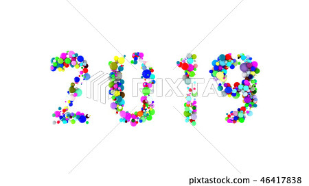Happy New year 2019 word lettering made with colorful spheres floating and isolated on white Happy New year 2019 word lettering made with colorful spheres floating and isolated on white 46417838