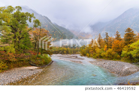 Kamikochi with fog in rainy day during autumn. Kamikochi with fog in rainy day during autumn. 46419592