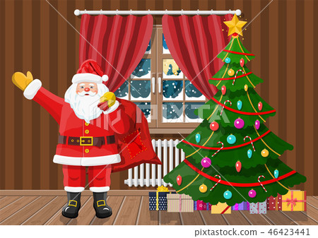 Santa in room with christmas tree and gifts. Santa in room with christmas tree and gifts. 46423441