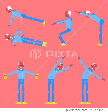 Vector illustration set of senior man doing sport exercises in flat style. Vector illustration set of senior man doing sport exercises in flat style. 46423442