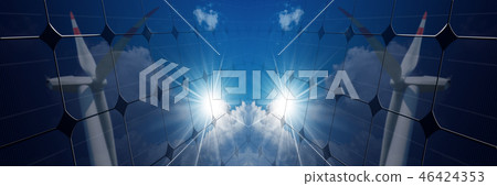 Solar panel with the reflection of a wind turbine 46424353