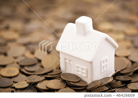 Small toy house on coins  46426609