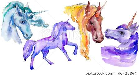 Cute unicorn horse. Watercolor background illustration set. Isolated unicorn illustration element. 46426864