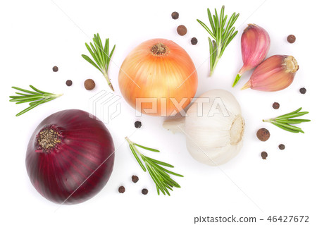 red onions, garlic with rosemary and peppercorns isolated on a white background. Top view. Flat lay red onions, garlic with rosemary and peppercorns isolated on a white background. Top view. Flat lay 46427672