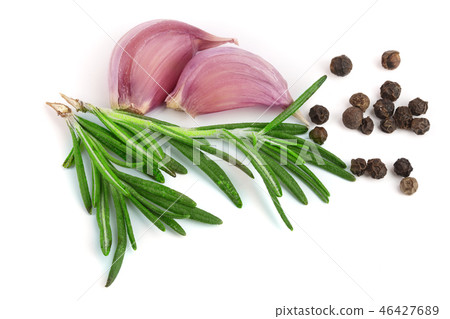 garlic with rosemary and peppercorn isolated on white background. Top view garlic with rosemary and peppercorn isolated on white background. Top view 46427689