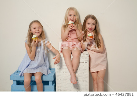 eat sweet candy lollipop three little girls blonde eat sweet candy lollipop three little girls blonde 46427891