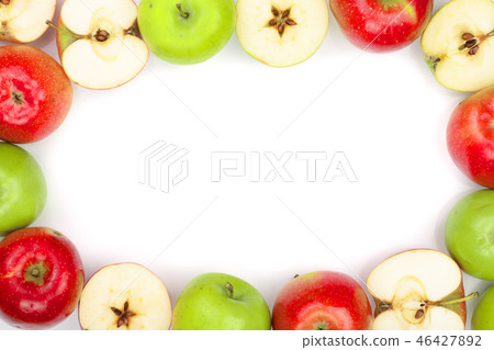 red and green apples isolated on white background with copy space for your text, top view. Flat lay red and green apples isolated on white background with copy space for your text, top view. Flat lay 46427892