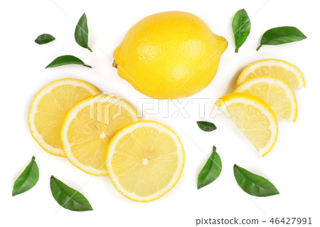 lemon and slices with leaf isolated on white background. Flat lay, top view lemon and slices with leaf isolated on white background. Flat lay, top view 46427991