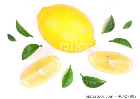 lemon and slices with leaf isolated on white background. Flat lay, top view lemon and slices with leaf isolated on white background. Flat lay, top view 46427992
