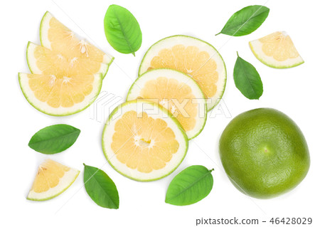 Citrus Sweetie or Pomelit, oroblanco with slices and leaf isolated on white background close-up. Top Citrus Sweetie or Pomelit, oroblanco with slices and leaf isolated on white background close-up. Top 46428029