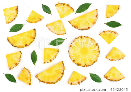Sliced pineapple with green leaves isolated on white background. Top view. Flat lay pattern Sliced pineapple with green leaves isolated on white background. Top view. Flat lay pattern 46428045