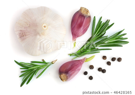 garlic with rosemary and peppercorn isolated on white background. Top view. Flat lay pattern garlic with rosemary and peppercorn isolated on white background. Top view. Flat lay pattern 46428165