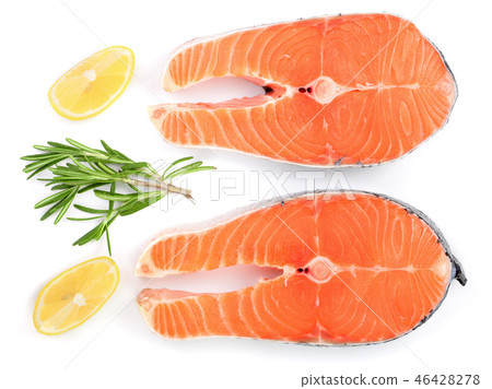Slice of red fish salmon with lemon and rosemary isolated on white background. Top view. Flat lay 46428278