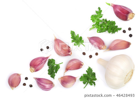 garlic with peppercorns and parsley isolated on white background with copy space for your text. Top garlic with peppercorns and parsley isolated on white background with copy space for your text. Top 46428493