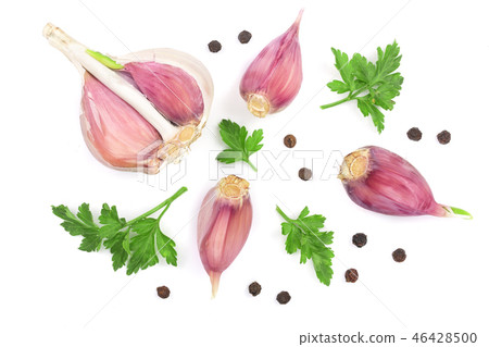 garlic with peppercorns and parsley leaves isolated on white background. Top view. Flat lay pattern garlic with peppercorns and parsley leaves isolated on white background. Top view. Flat lay pattern 46428500