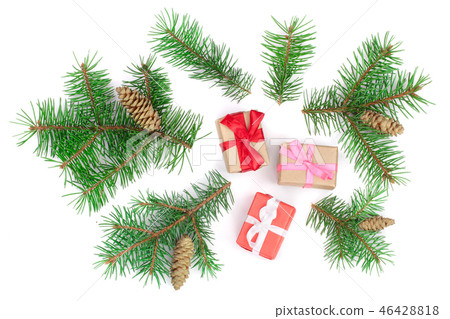 Christmas background with fir branches and box isolated on white background. Top view. Flat lay Christmas background with fir branches and box isolated on white background. Top view. Flat lay 46428818